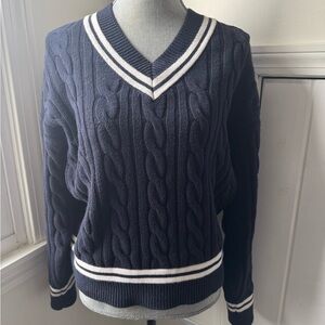 Abercrombie & Fitch Blue V-Neck Sweater with Striped Trim